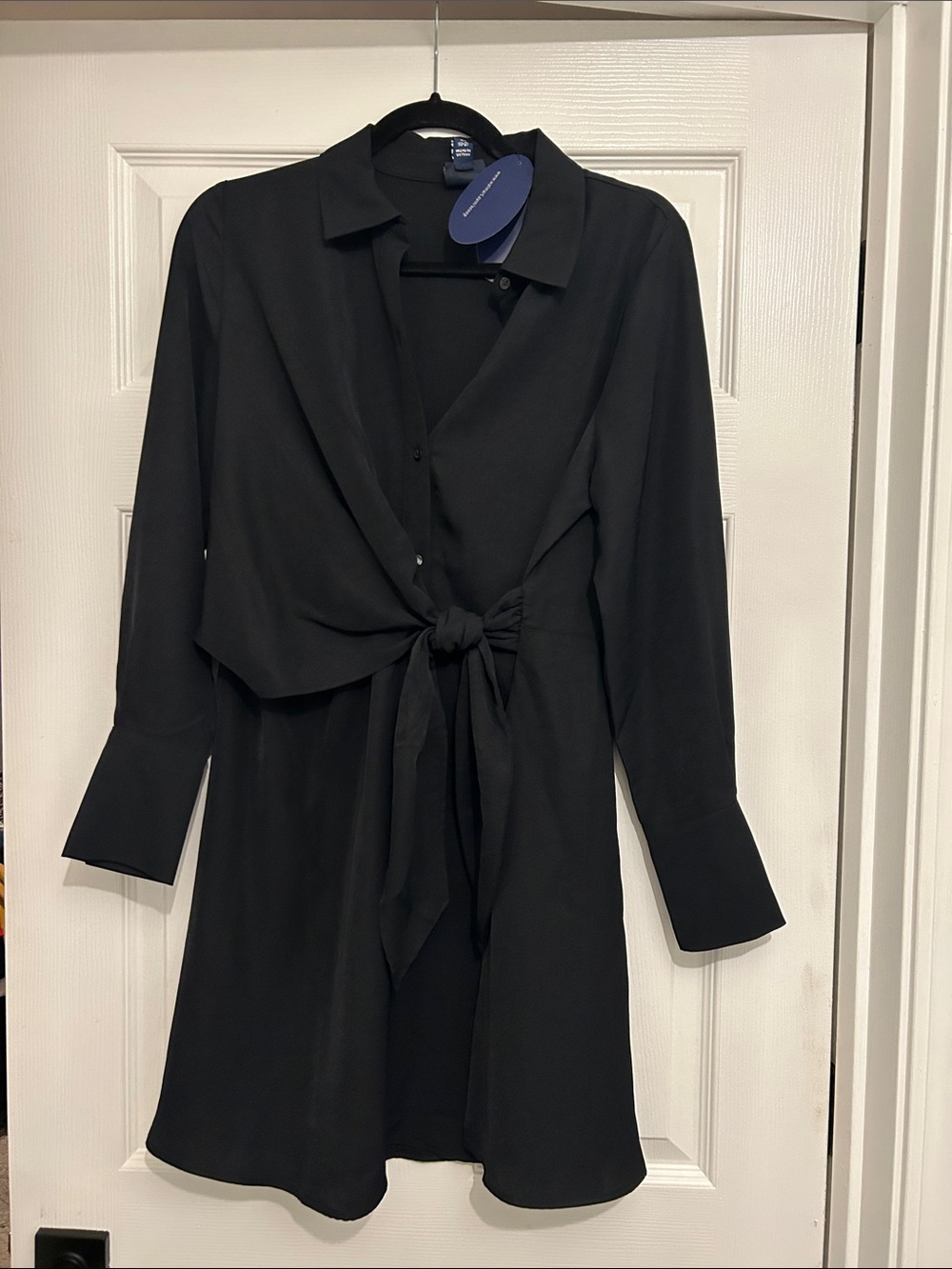 Tie-Front Long Sleeve Black Shirt Dress 🤍